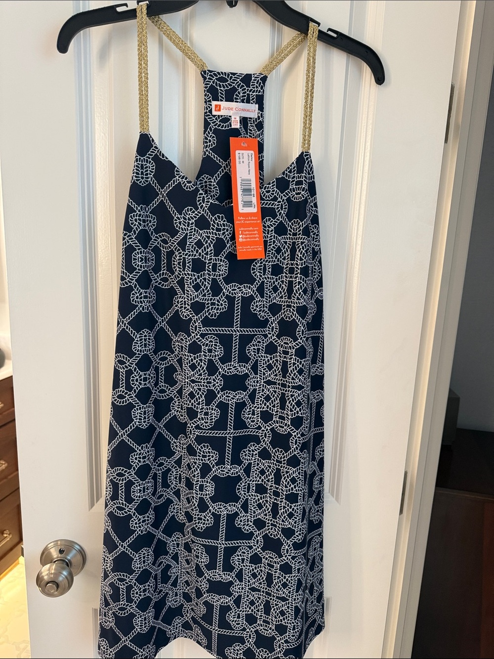 Jude Connally Knot Print Navy Shift Dress with Gold Straps